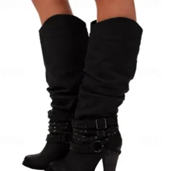 Women's Beige Slouchy Knee-High Boots with Buckle and Stud Accents, Vintage Western Style for Fall and Winter Casual Wear