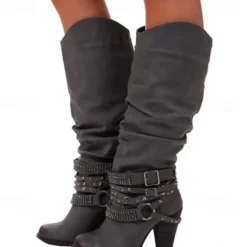 Women's Beige Slouchy Knee-High Boots with Buckle and Stud Accents, Vintage Western Style for Fall and Winter Casual Wear