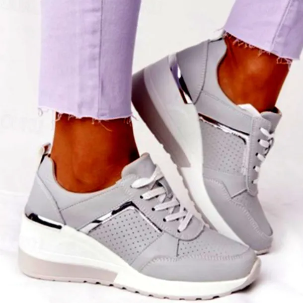 Women's Beige Wedge Sneakers with Metallic Accents – Comfortable and Stylish Platform Shoes for Casual and Everyday Wear