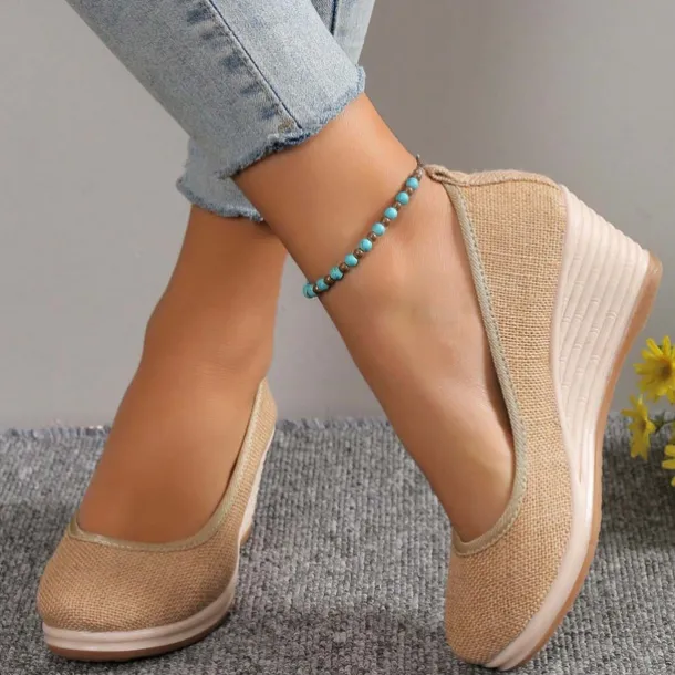 Women's Beige Woven Fabric Wedge Shoes – Comfortable Slip-On Platform Heels for Casual Summer and Daily Wear