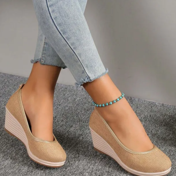 Women's Beige Woven Fabric Wedge Shoes – Comfortable Slip-On Platform Heels for Casual Summer and Daily Wear