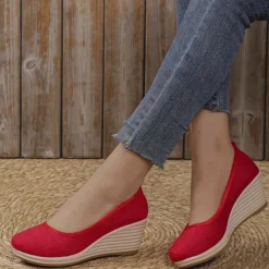 Women's Beige Woven Fabric Wedge Shoes – Comfortable Slip-On Platform Heels for Casual Summer and Daily Wear