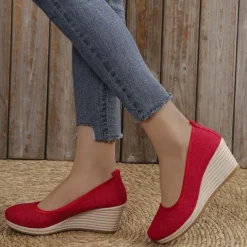 Women's Beige Woven Fabric Wedge Shoes – Comfortable Slip-On Platform Heels for Casual Summer and Daily Wear