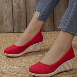 Women's Beige Woven Fabric Wedge Shoes – Comfortable Slip-On Platform Heels for Casual Summer and Daily Wear