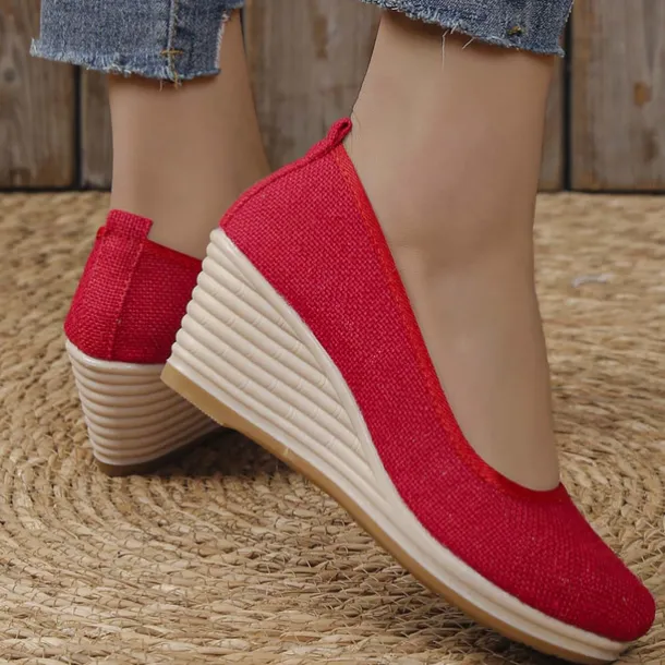Women's Beige Woven Fabric Wedge Shoes – Comfortable Slip-On Platform Heels for Casual Summer and Daily Wear