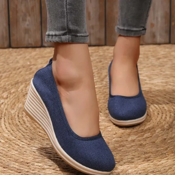 Women's Beige Woven Fabric Wedge Shoes – Comfortable Slip-On Platform Heels for Casual Summer and Daily Wear