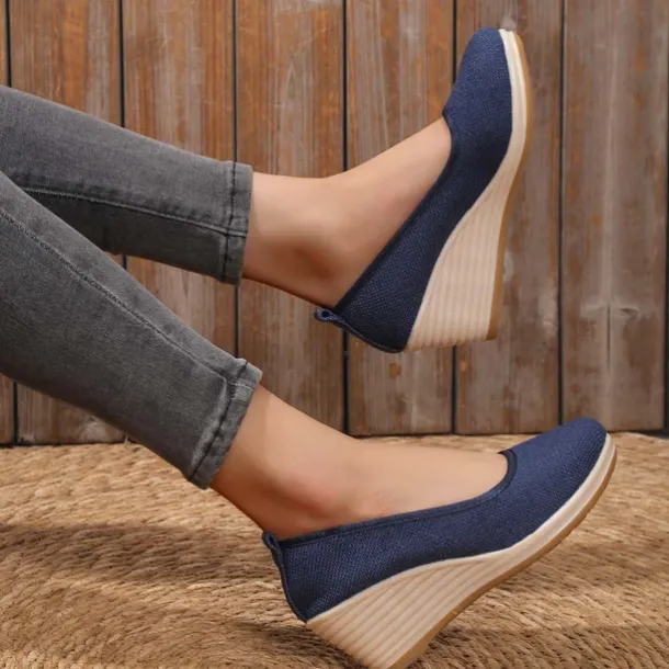 Women's Beige Woven Fabric Wedge Shoes – Comfortable Slip-On Platform Heels for Casual Summer and Daily Wear