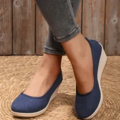 Women's Beige Woven Fabric Wedge Shoes – Comfortable Slip-On Platform Heels for Casual Summer and Daily Wear