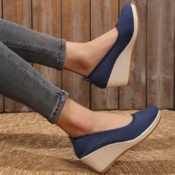 Women's Beige Woven Fabric Wedge Shoes – Comfortable Slip-On Platform Heels for Casual Summer and Daily Wear