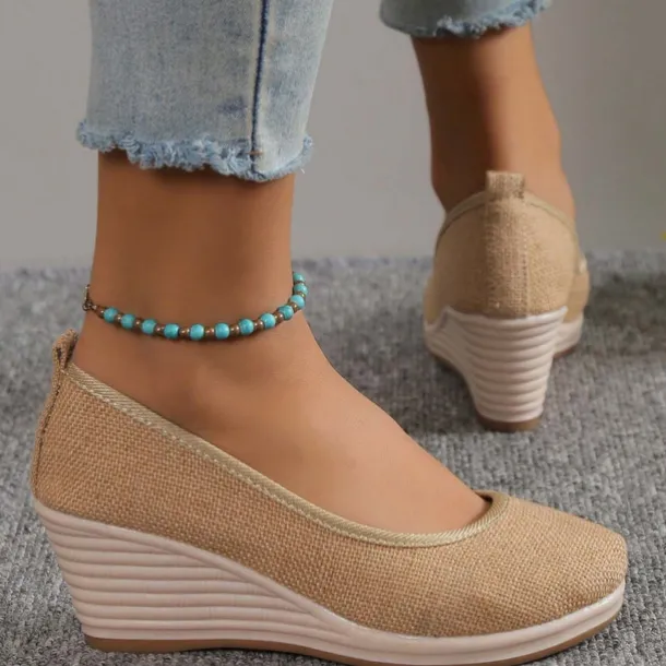 Women's Beige Woven Fabric Wedge Shoes – Comfortable Slip-On Platform Heels for Casual Summer and Daily Wear