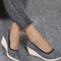 Women's Beige Woven Fabric Wedge Shoes – Comfortable Slip-On Platform Heels for Casual Summer and Daily Wear