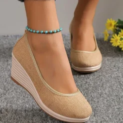 Women's Beige Woven Fabric Wedge Shoes – Comfortable Slip-On Platform Heels for Casual Summer and Daily Wear