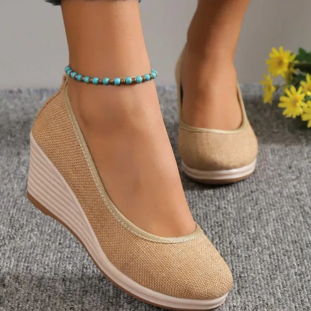 Women's Beige Woven Fabric Wedge Shoes – Comfortable Slip-On Platform Heels for Casual Summer and Daily Wear