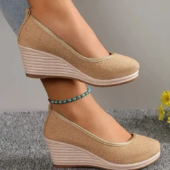 Women's Beige Woven Fabric Wedge Shoes – Comfortable Slip-On Platform Heels for Casual Summer and Daily Wear