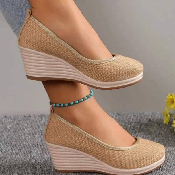 Women's Beige Woven Fabric Wedge Shoes – Comfortable Slip-On Platform Heels for Casual Summer and Daily Wear