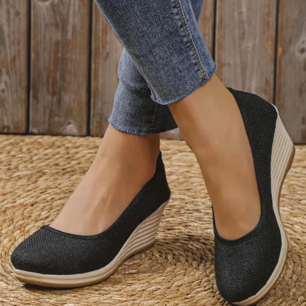 Women's Beige Woven Fabric Wedge Shoes – Comfortable Slip-On Platform Heels for Casual Summer and Daily Wear