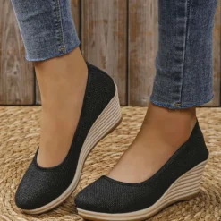 Women's Beige Woven Fabric Wedge Shoes – Comfortable Slip-On Platform Heels for Casual Summer and Daily Wear