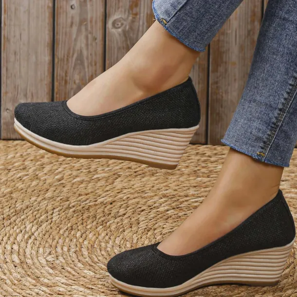 Women's Beige Woven Fabric Wedge Shoes – Comfortable Slip-On Platform Heels for Casual Summer and Daily Wear