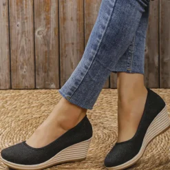 Women's Beige Woven Fabric Wedge Shoes – Comfortable Slip-On Platform Heels for Casual Summer and Daily Wear