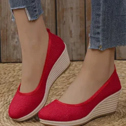 Women's Beige Woven Fabric Wedge Shoes – Comfortable Slip-On Platform Heels for Casual Summer and Daily Wear