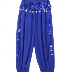 Women's Belly Dance Costume Coin Lantern Pants Side Split Sequin Shiny Harem Pants Arabic Halloween Trousers