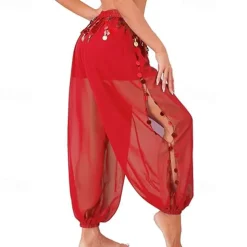Women's Belly Dance Costume Coin Lantern Pants Side Split Sequin Shiny Harem Pants Arabic Halloween Trousers
