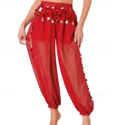 Women's Belly Dance Costume Coin Lantern Pants Side Split Sequin Shiny Harem Pants Arabic Halloween Trousers