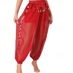 Women's Belly Dance Costume Coin Lantern Pants Side Split Sequin Shiny Harem Pants Arabic Halloween Trousers
