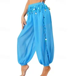 Women's Belly Dance Costume Coin Lantern Pants Side Split Sequin Shiny Harem Pants Arabic Halloween Trousers