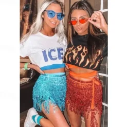 Womens Belly Dance Hip Scarf with Sparkly Fringe Rave Party Sequin Skirt Costume Festival Tassel Skirt