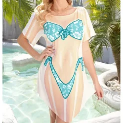 Women's Bikini Shirt Cover Up Dress Funny Cute Bikini Print for Swimwear Short Sleeve 3D Graphic Baggy Swimwear Cover-Up
