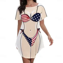 Women's Bikini Shirt Cover Up Dress Funny Cute Bikini Print for Swimwear Short Sleeve 3D Graphic Baggy Swimwear Cover-Up