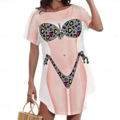 Women's Bikini Shirt Cover Up Dress Funny Cute Bikini Print for Swimwear Short Sleeve 3D Graphic Baggy Swimwear Cover-Up