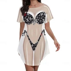 Women's Bikini Shirt Cover Up Dress Funny Cute Bikini Print for Swimwear Short Sleeve 3D Graphic Baggy Swimwear Cover-Up