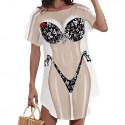 Women's Bikini Shirt Cover Up Dress Funny Cute Bikini Print for Swimwear Short Sleeve 3D Graphic Baggy Swimwear Cover-Up