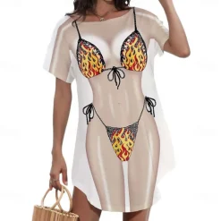 Women's Bikini Shirt Cover Up Dress Funny Cute Bikini Print for Swimwear Short Sleeve 3D Graphic Baggy Swimwear Cover-Up