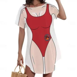 Women's Bikini Shirt Cover Up Dress Funny Cute Bikini Print for Swimwear Short Sleeve 3D Graphic Baggy Swimwear Cover-Up