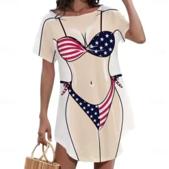 Women's Bikini Shirt Cover Up Dress Funny Cute Bikini Print for Swimwear Short Sleeve 3D Graphic Baggy Swimwear Cover-Up