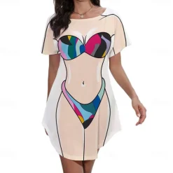 Women's Bikini Shirt Cover Up Dress Funny Cute Bikini Print for Swimwear Short Sleeve 3D Graphic Baggy Swimwear Cover-Up