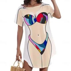 Women's Bikini Shirt Cover Up Dress Funny Cute Bikini Print for Swimwear Short Sleeve 3D Graphic Baggy Swimwear Cover-Up