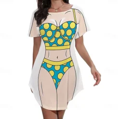 Women's Bikini Shirt Cover Up Dress Funny Cute Bikini Print for Swimwear Short Sleeve 3D Graphic Baggy Swimwear Cover-Up