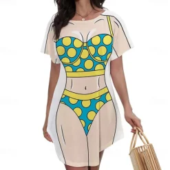Women's Bikini Shirt Cover Up Dress Funny Cute Bikini Print for Swimwear Short Sleeve 3D Graphic Baggy Swimwear Cover-Up
