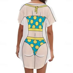 Women's Bikini Shirt Cover Up Dress Funny Cute Bikini Print for Swimwear Short Sleeve 3D Graphic Baggy Swimwear Cover-Up