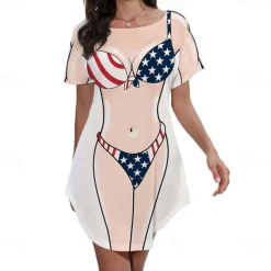 Women's Bikini Shirt Cover Up Dress Funny Cute Bikini Print for Swimwear Short Sleeve 3D Graphic Baggy Swimwear Cover-Up