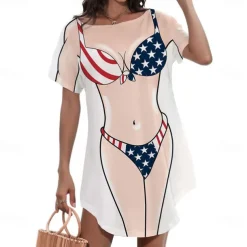 Women's Bikini Shirt Cover Up Dress Funny Cute Bikini Print for Swimwear Short Sleeve 3D Graphic Baggy Swimwear Cover-Up