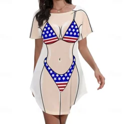 Women's Bikini Shirt Cover Up Dress Funny Cute Bikini Print for Swimwear Short Sleeve 3D Graphic Baggy Swimwear Cover-Up