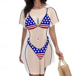 Women's Bikini Shirt Cover Up Dress Funny Cute Bikini Print for Swimwear Short Sleeve 3D Graphic Baggy Swimwear Cover-Up