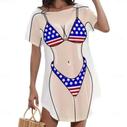 Women's Bikini Shirt Cover Up Dress Funny Cute Bikini Print for Swimwear Short Sleeve 3D Graphic Baggy Swimwear Cover-Up