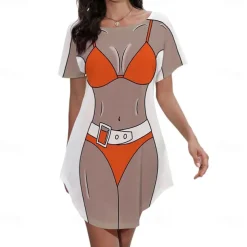 Women's Bikini Shirt Cover Up Dress Funny Cute Bikini Print for Swimwear Short Sleeve 3D Graphic Baggy Swimwear Cover-Up