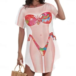 Women's Bikini Shirt Cover Up Dress Funny Cute Bikini Print for Swimwear Short Sleeve 3D Graphic Baggy Swimwear Cover-Up